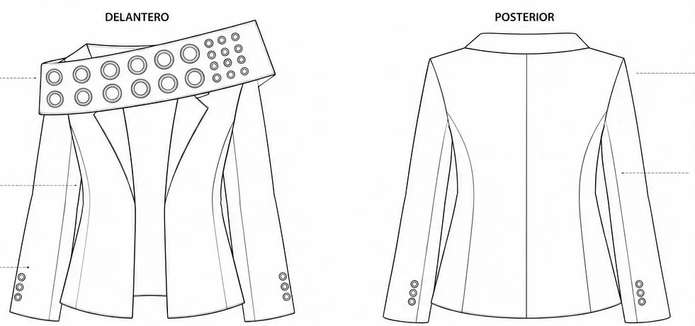 Dibujo técnico de chaqueta Louva, frente y espalda