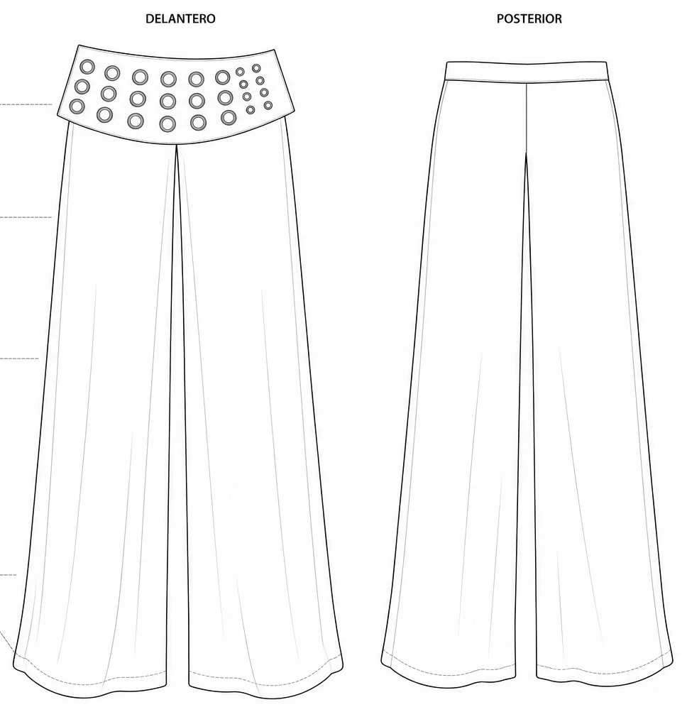 Dibujo técnico de pantalón Louva, frente y espalda