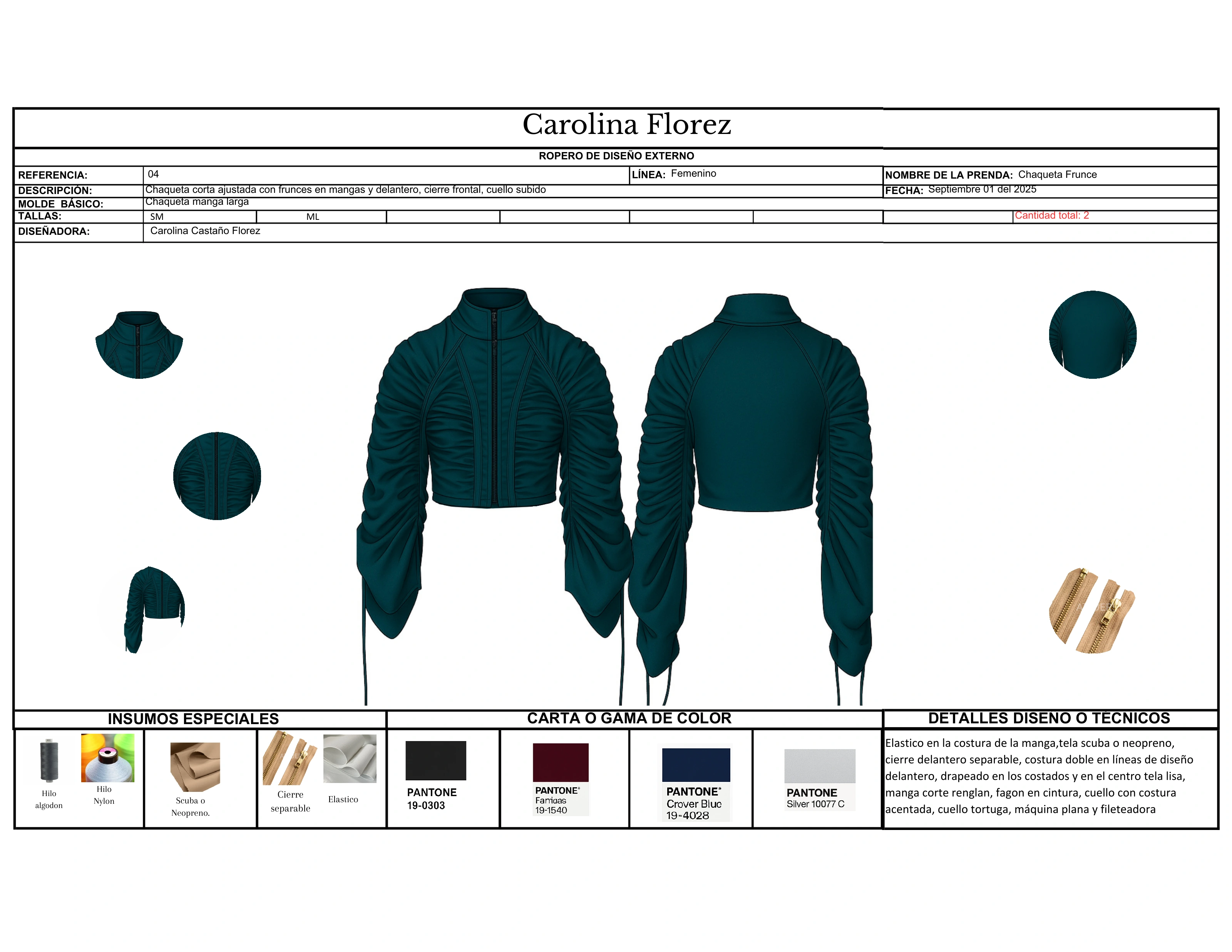 Ficha técnica completa de chaqueta verde con vistas, insumos, carta de color y detalles
