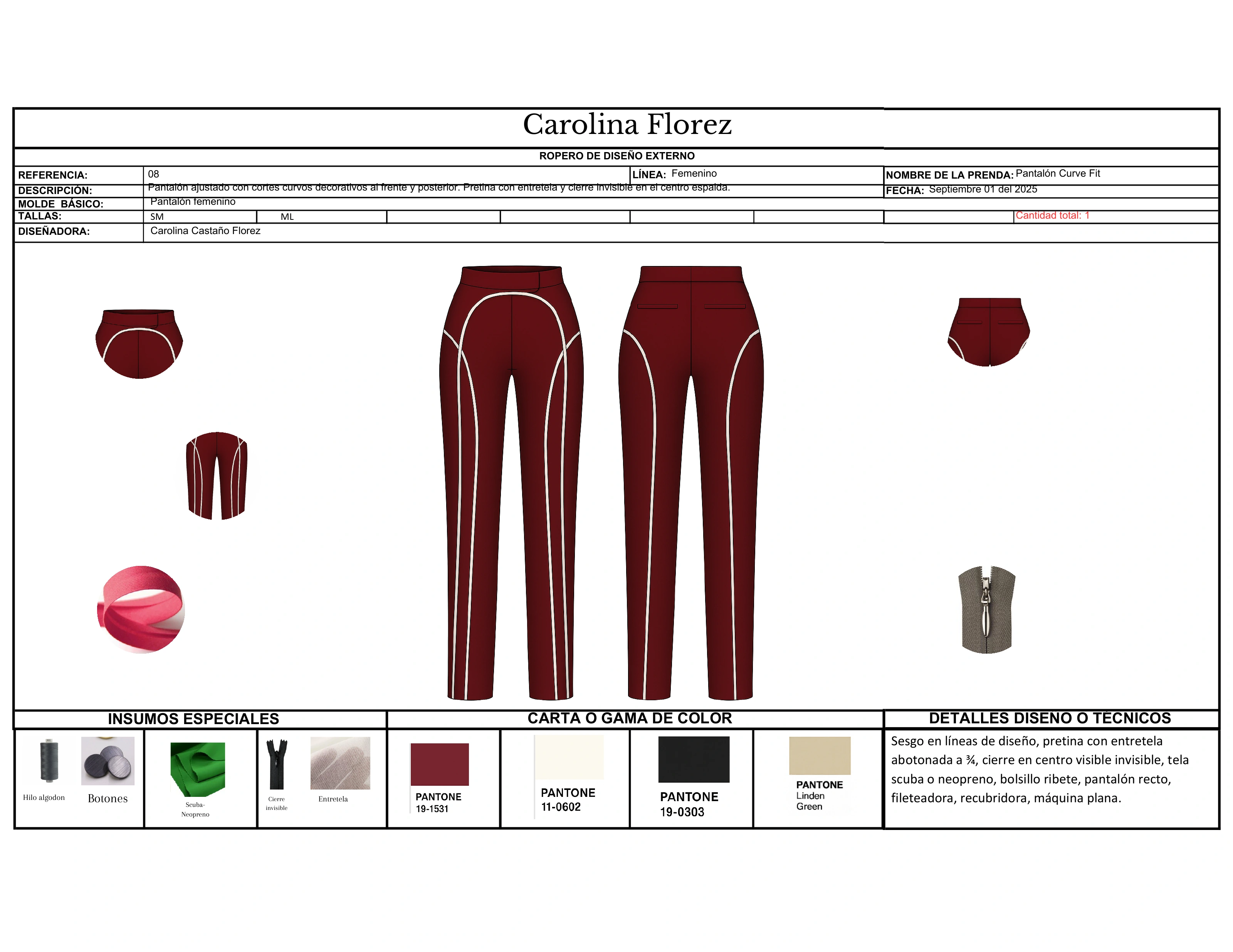 Ficha técnica completa de pantalón borgoña con vistas, insumos, carta de color y detalles